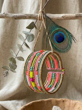 Boho Handmade India Neon Pastel Beaded Stretch Cuff Bracelet Festival Gift